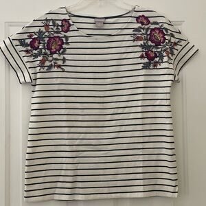 Chico’s Women’s XS Petite Short Sleeves Embroidered  Cotton Striped Tee Shirt